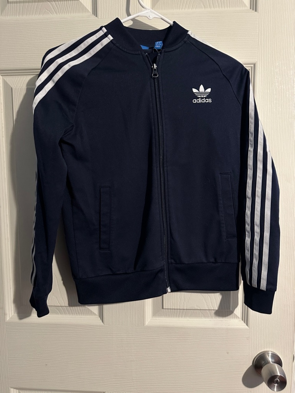 adidas Navy and White Three-Stripe Track Jacket